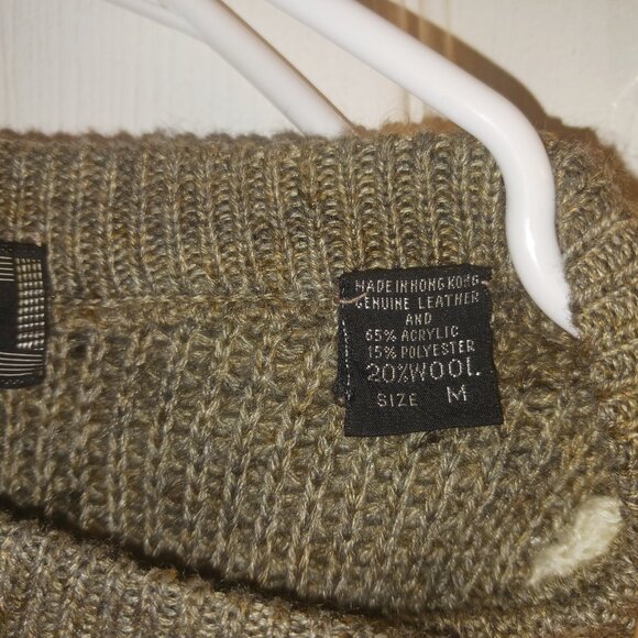 Vintage Saxony Leather & Wool Sweater Coogi Style Ivory & Tan Diamonds M - Picture 6 of 6